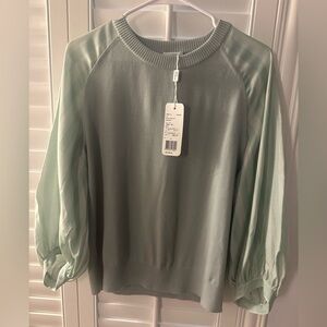 AKRIS stunning, sage, green sweater. This sweater is made with 19% mulberry silk